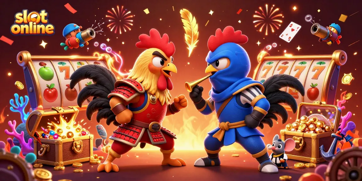 Engage in the exhilarating action of slot online with fighting roosters and vibrant gaming elements.