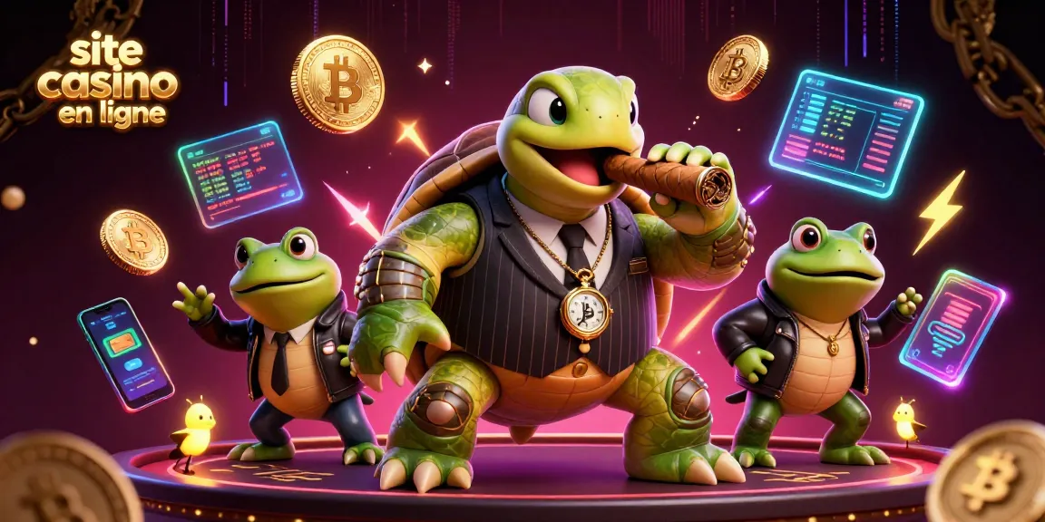 Jouer sur le site casino en ligne avec une tortue, deux grenouilles et des éléments de crypto-monnaie.