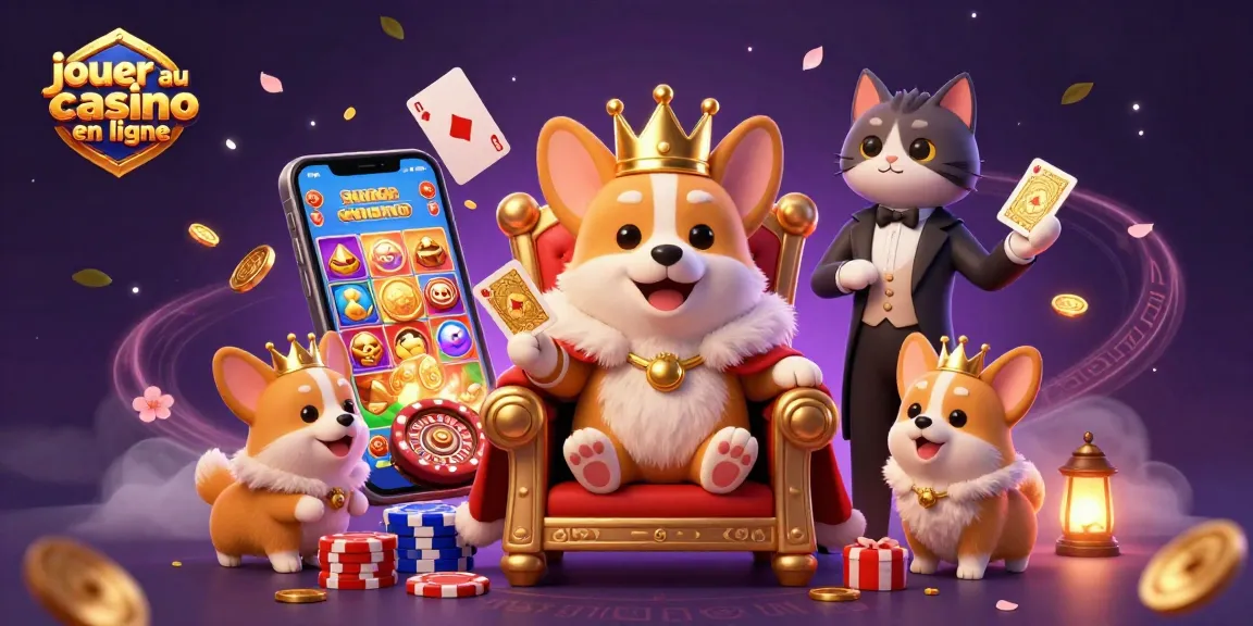 Jouez au casino en ligne avec un corgi royal sur un trône de jetons, entouré de jeux colorés.
