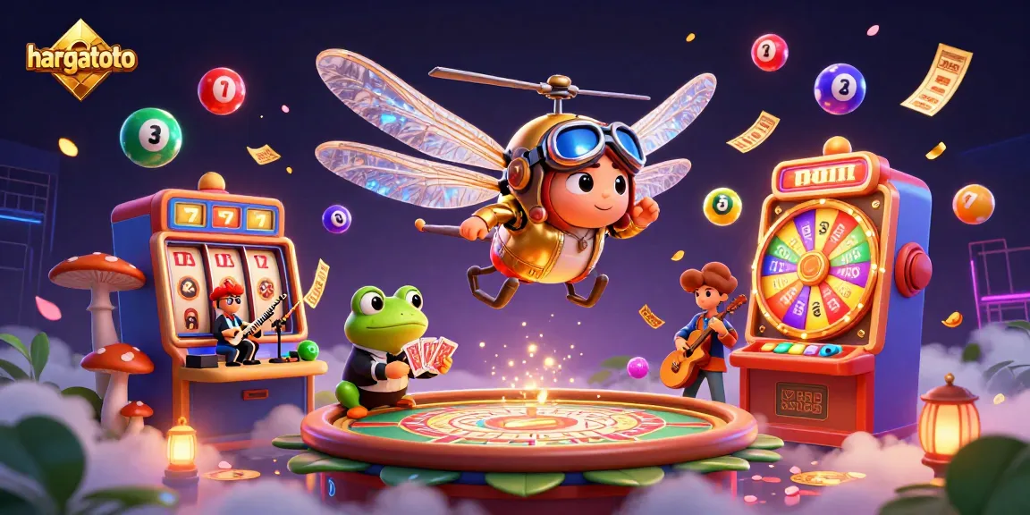 hargatoto's exciting gaming scene featuring dynamic lottery balls, a frog croupier, and dragonfly pilot!