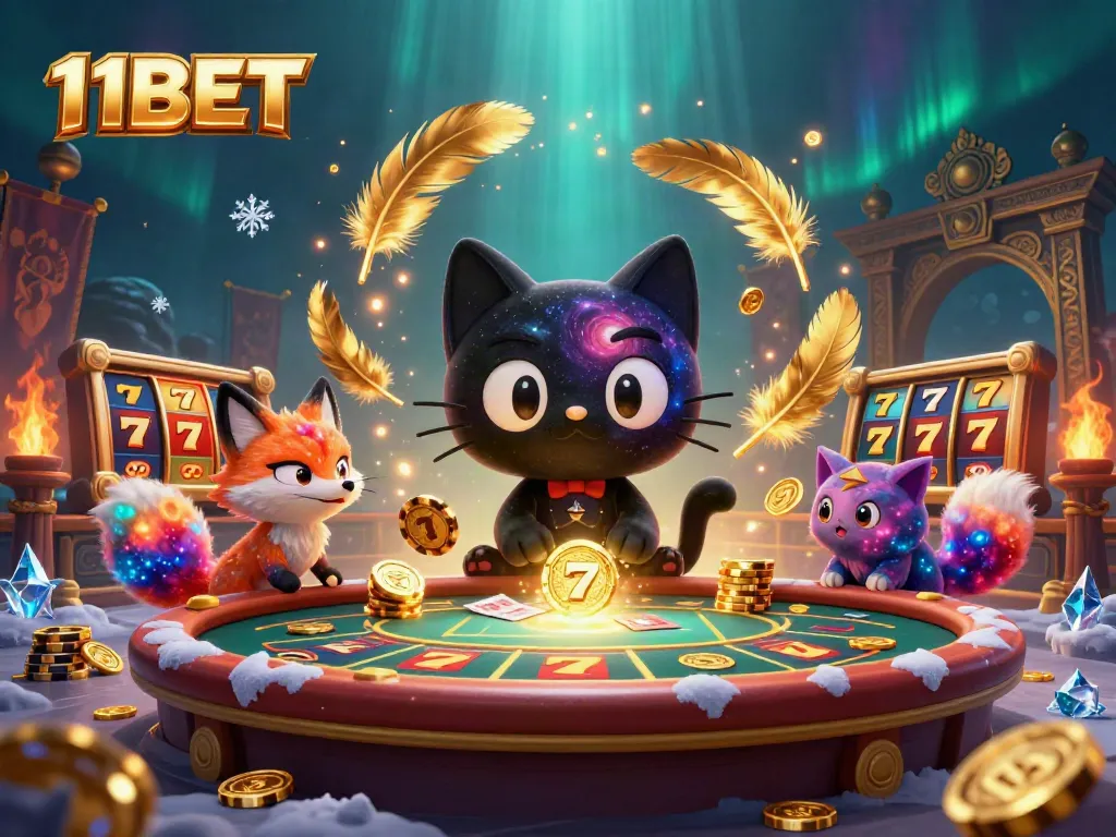 Join the excitement at 11BET with a dynamic cosmic cat casino scene pulling in chips and cards.