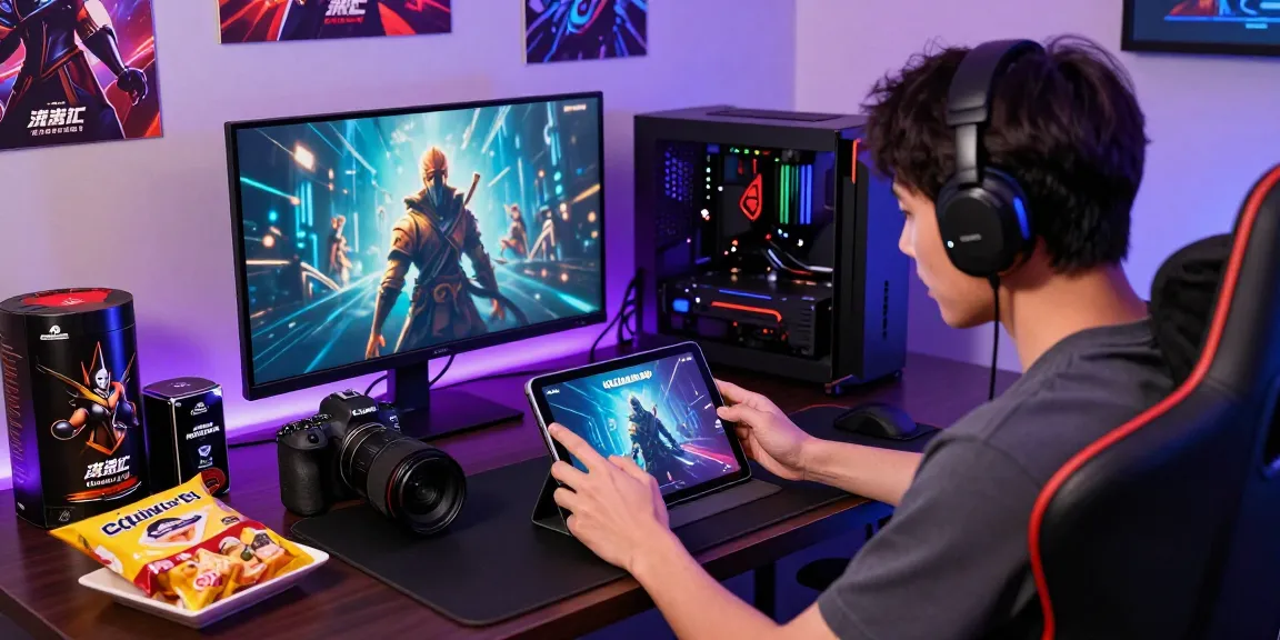 Pengguna memainkan KUDALIAR89 di tablet dengan merchandise game di sekelilingnya.