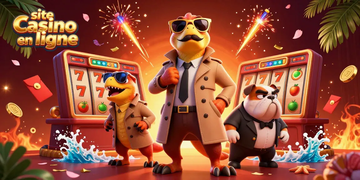 Trois raptors déguisés entrent dans un site casino en ligne avec des jetons et des lumières festives.