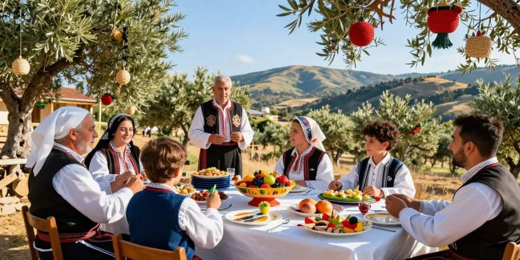Τα ελληνικά έθιμα σε γιορτή με παραδοσιακά φαγητά και φυσικές διακοσμήσεις