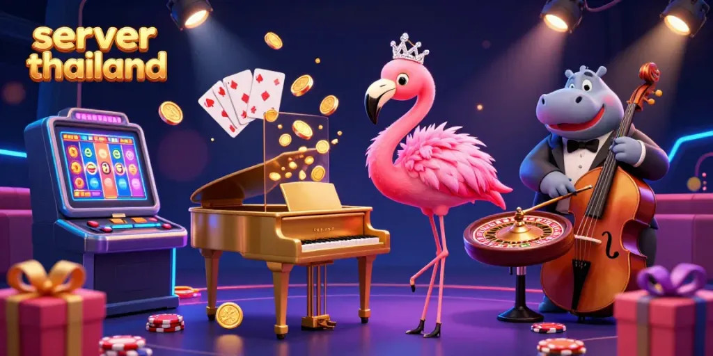 Engage with the lively casino atmosphere featuring server thailand themed characters and game elements.