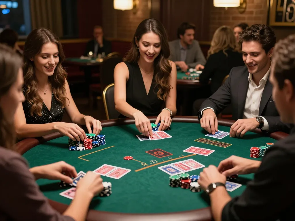 Casino italiani non aams vibrant blackjack game with friends around a round table, showcasing strategic gameplay.