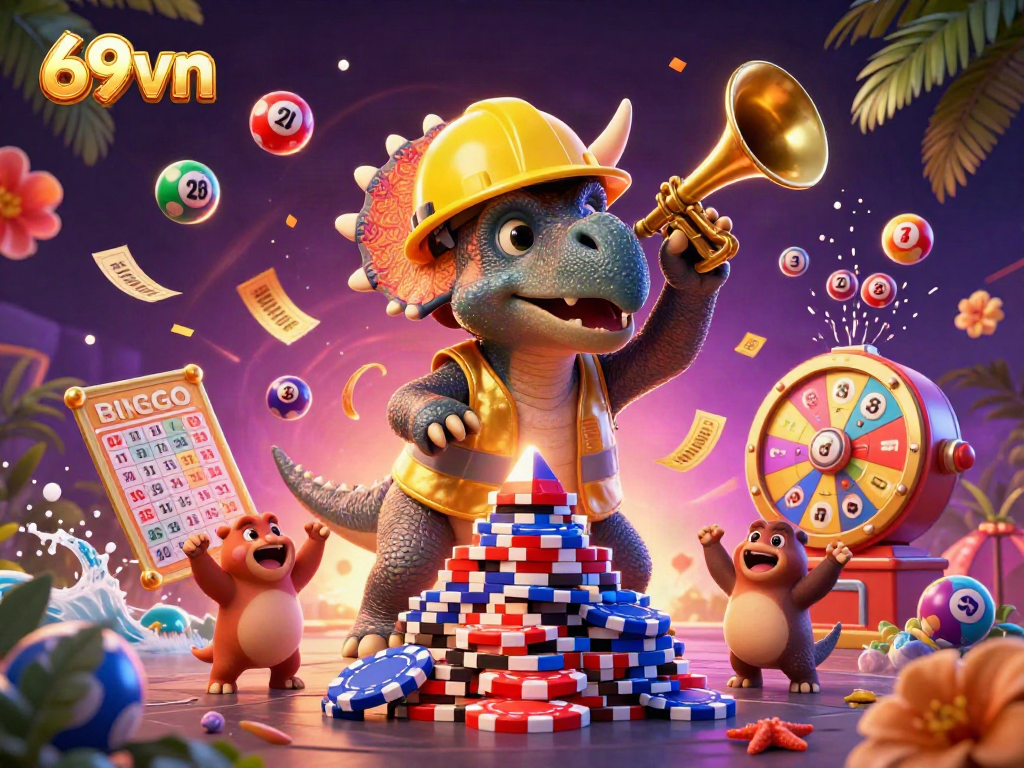 Experience the excitement of 69vn with dynamic lottery balls and a celebratory triceratops scene.