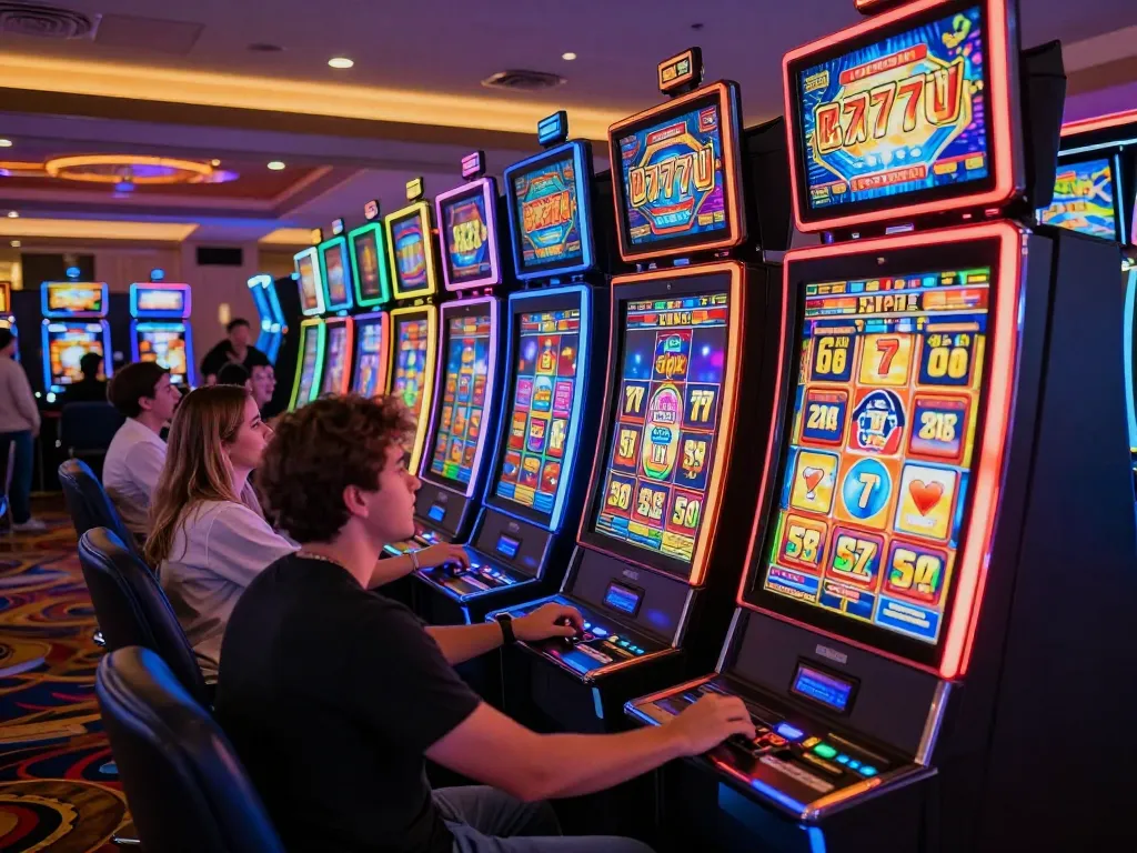 Players celebrating wins at colorful slot777 machines in upscale casino setting