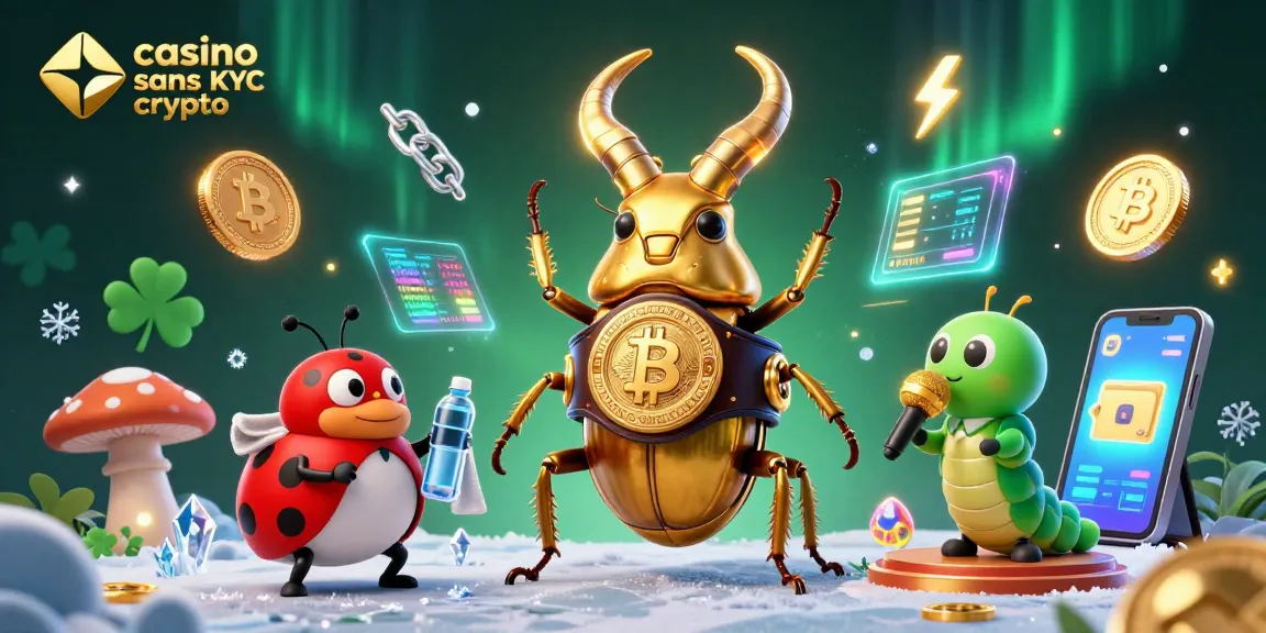 Jouer au casino sans KYC crypto avec une scène dynamique de personnages 3D entourés de pièces numériques.