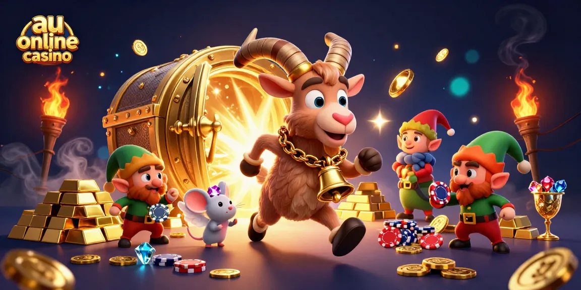 Experience the excitement of au online casino with a whimsical scene featuring a Krampus goat managing a chaotic holiday-horror casino.