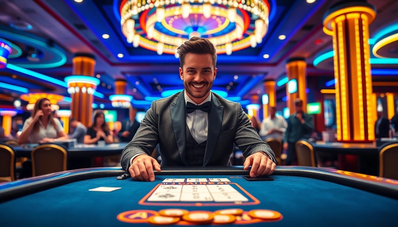 Players enjoying a lively game at a Vegas hero casino, with vibrant lights and a charismatic dealer.