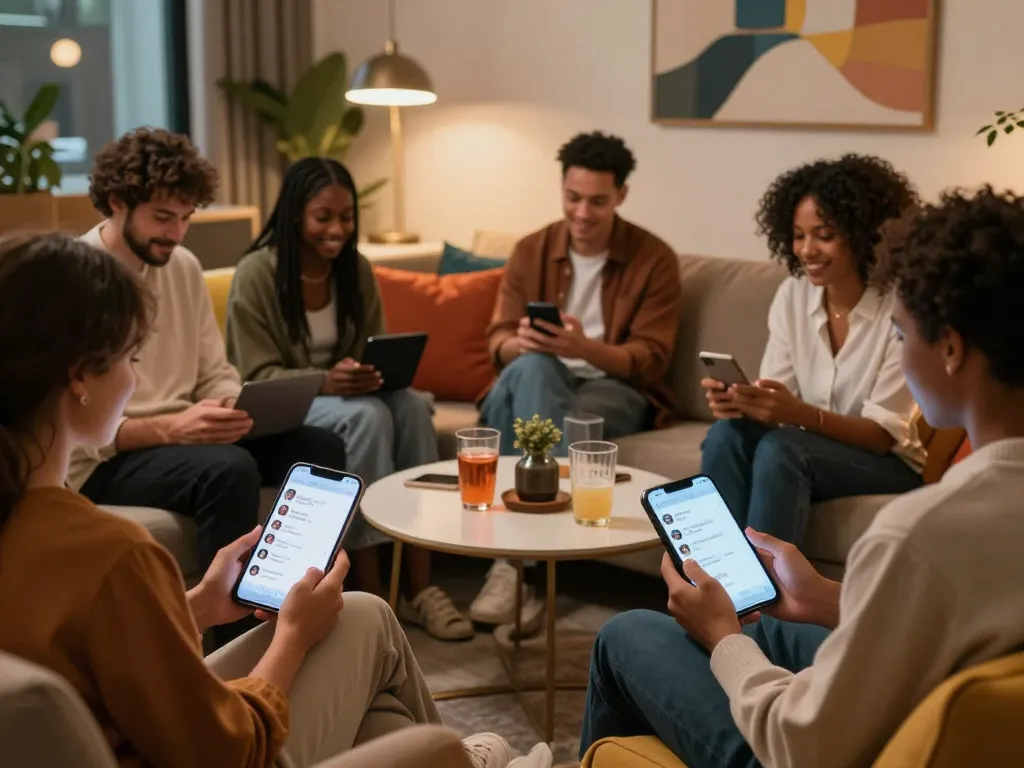 Engaging NSFW AI chat scene with diverse individuals in a cozy lounge discussing technology.
