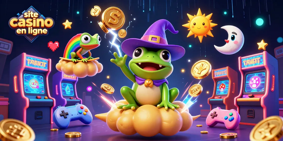 Découvrez le site casino en ligne avec une grenouille sorcière conjurant des pièces d'or dans une scène dynamique et colorée.