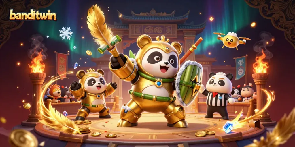 Permainan slot banditwin yang epik dengan panda emas mecha dan robot bertema bambu dalam arena penuh koin emas.