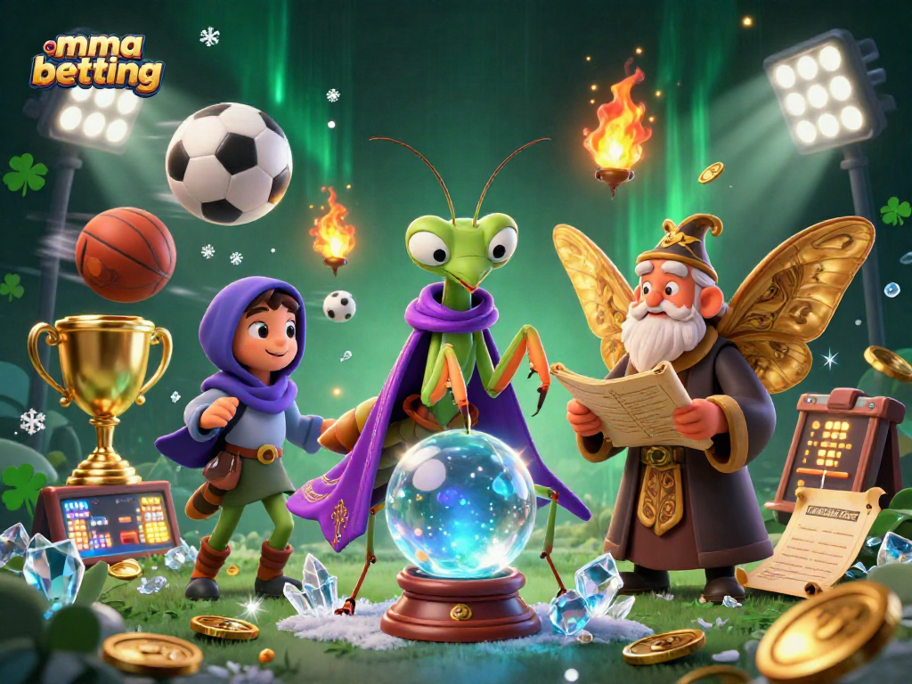 MMA betting scene showcasing vibrant characters and dynamic sports elements in a mystical setting.