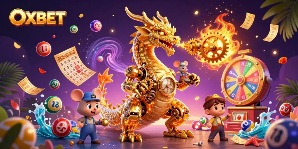 Experience the thrill of OXBET with a dynamic illustration showcasing vibrant casino elements and a golden dragon.