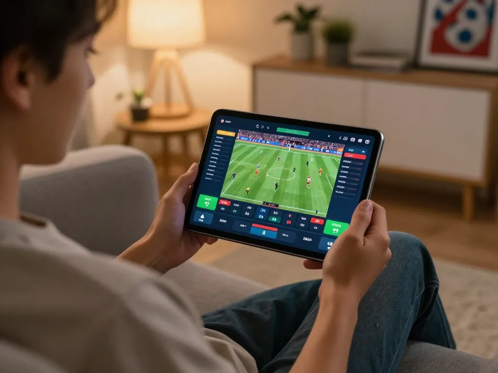 Engaging scene of a player using a tablet for siti scommesse stranieri sicuri during a sports betting session
