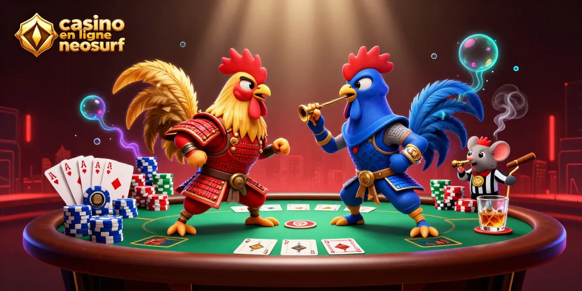 Participez à l'action palpitante d'un casino en ligne neosurf avec un affrontement dynamique de coqs mettant en scène des éléments vibrants.