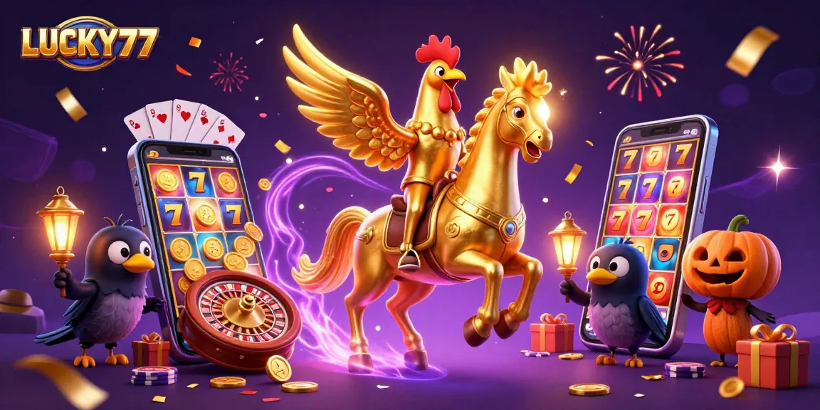 Experience excitement with LUCKY77 in a thrilling casino scene featuring lucky symbols and dynamic energy.