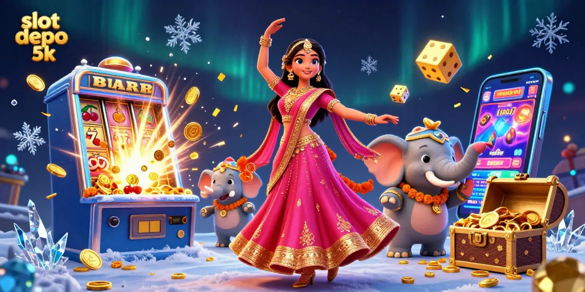 Engage with the thrill of slot depo 5k, as an Asian woman celebrates a jackpot moment amidst coins and lively gaming elements.