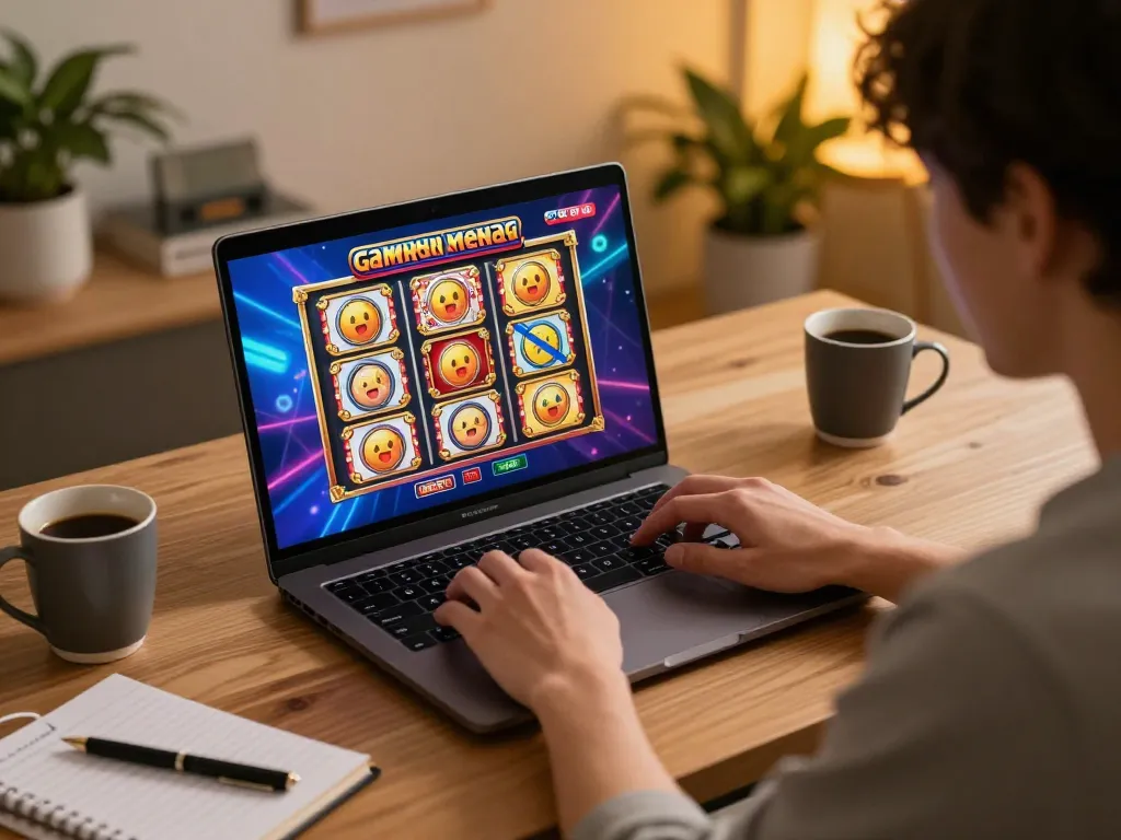 Engaging online gaming session showcasing slot gacor gampang menang with vibrant graphics on laptop screen.