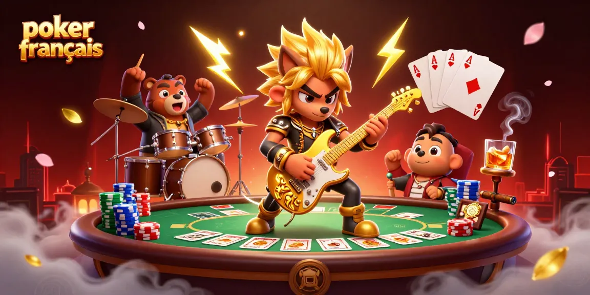 Jouez au poker francais avec des cartes, jetons colorés et une ambiance de fête sur scène.