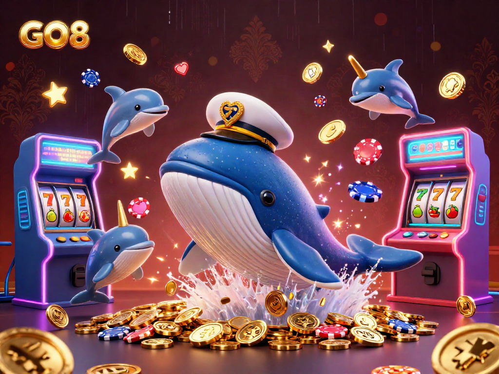 Play with GO8 in a vibrant 3D casino scene featuring a whale, a narwhal, and dolphins.