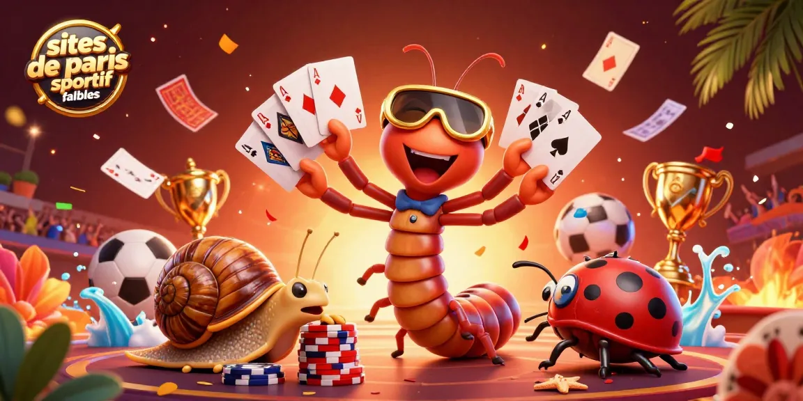 Visualisez les sites de paris sportif fiables avec un dealer cartoon de mille-pattes et des éléments de paris engageants.