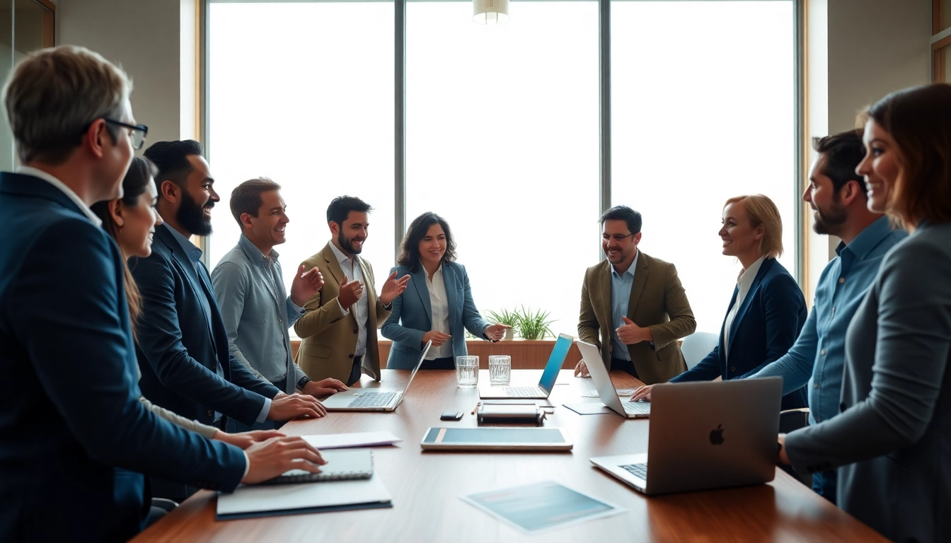 Engaged professionals collaborating on how to find good sales jobs strategies in a modern office.