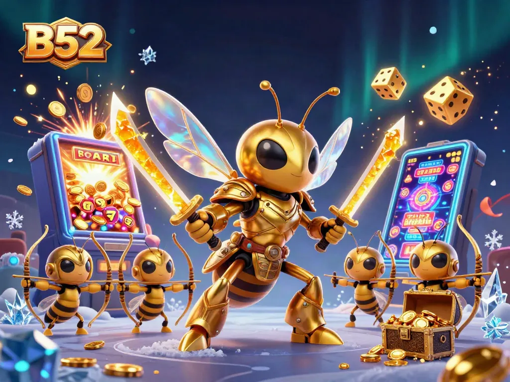 B52 showcases a vibrant gambling scene with a golden hornet and bee archers amidst a dynamic slot machine jackpot.
