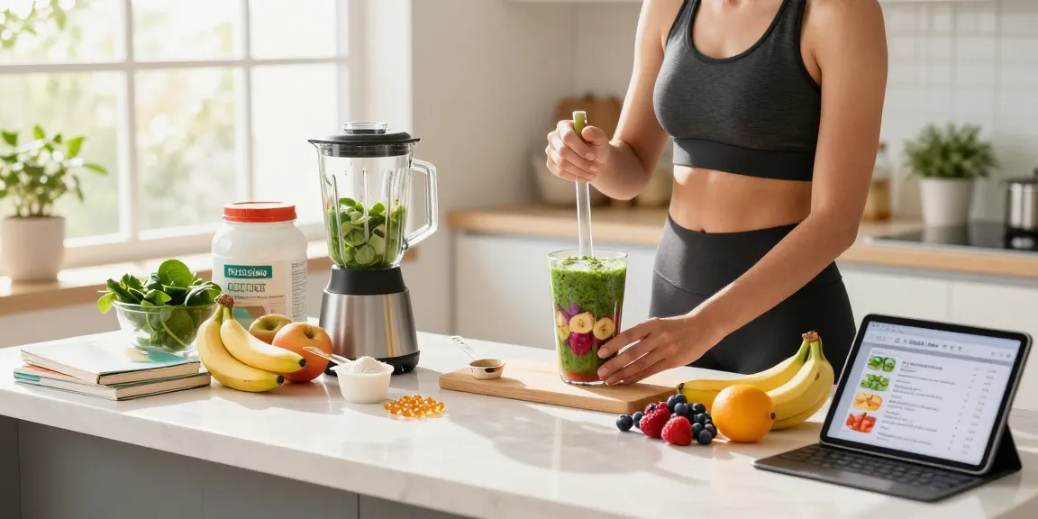 Creating a smoothie with science-backed supplements in a modern kitchen.