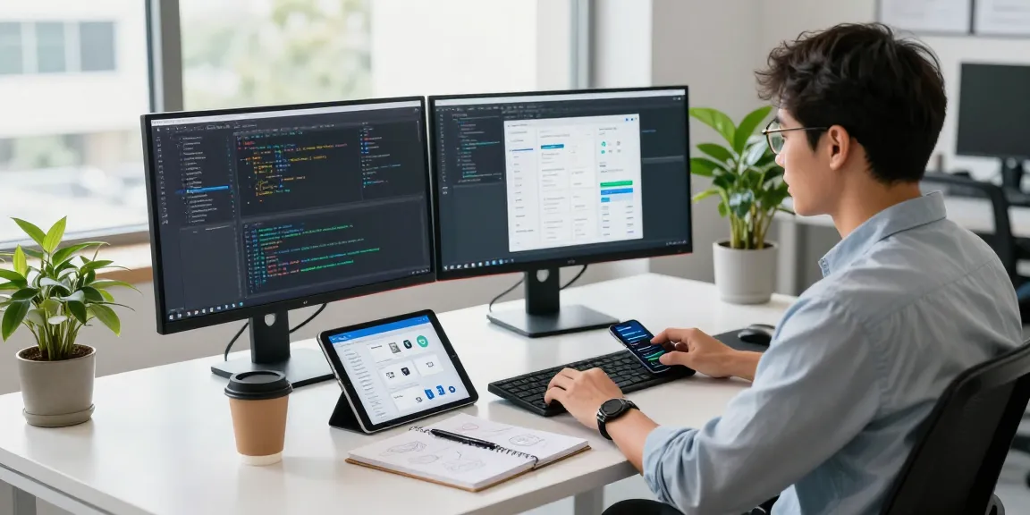Professional developer in a vibrant workspace coding with telegram中文版 software on monitors.