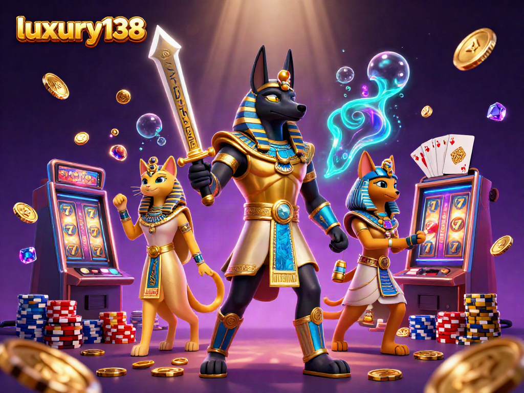 Gambarlah pengalaman seru luxury138 dengan Anubis dan Bastet dalam ilustrasi kasino.