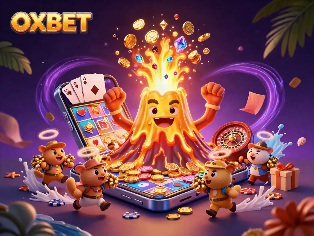 Join the treasure hunt at OXBET with a lively 3D illustration of a golden volcano erupting coins and playful animals escaping with riches!