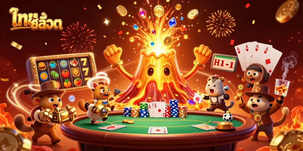 Experience the excitement of ไทย สล็อต with a volcanic eruption of treasures amidst vibrant casino scenes.