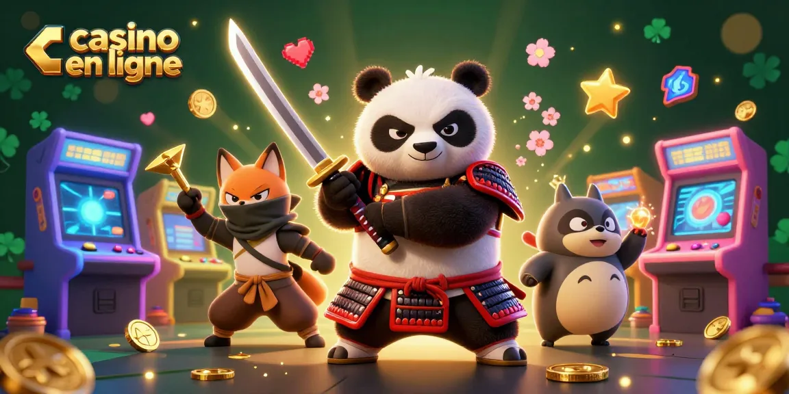 Jouer dans un casino en ligne avec un samouraï panda et un renard ninja, ambiance animée.