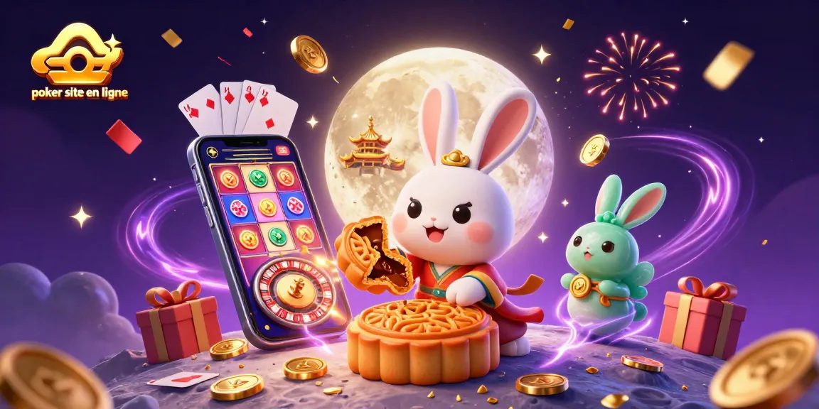 Participez à un site de poker en ligne avec un lapin de lune préparant des jetons en or en arrière-plan festif.
