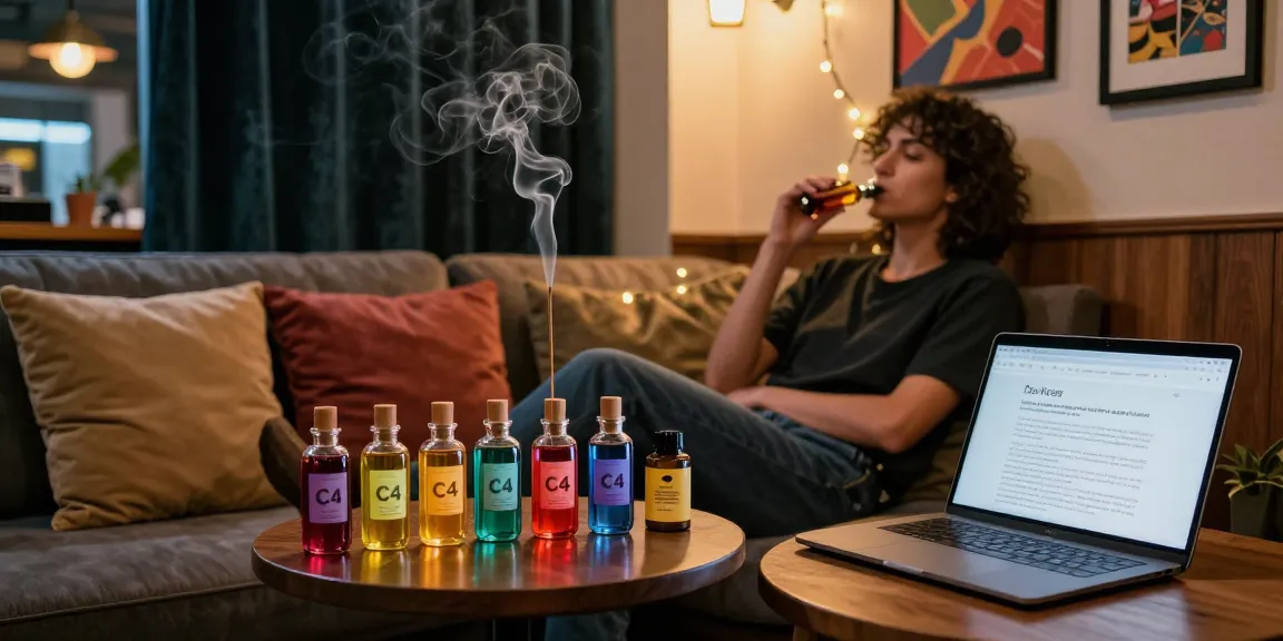 C4 liquid incense being enjoyed in a cozy urban lounge setting with stylish decor and atmospheric lighting.