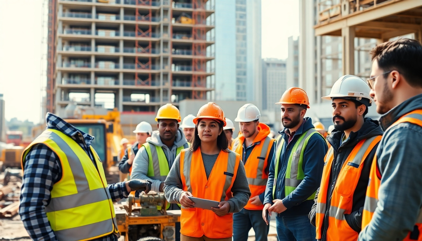 Engaging trainees in construction training programs with tools on a vibrant job site.