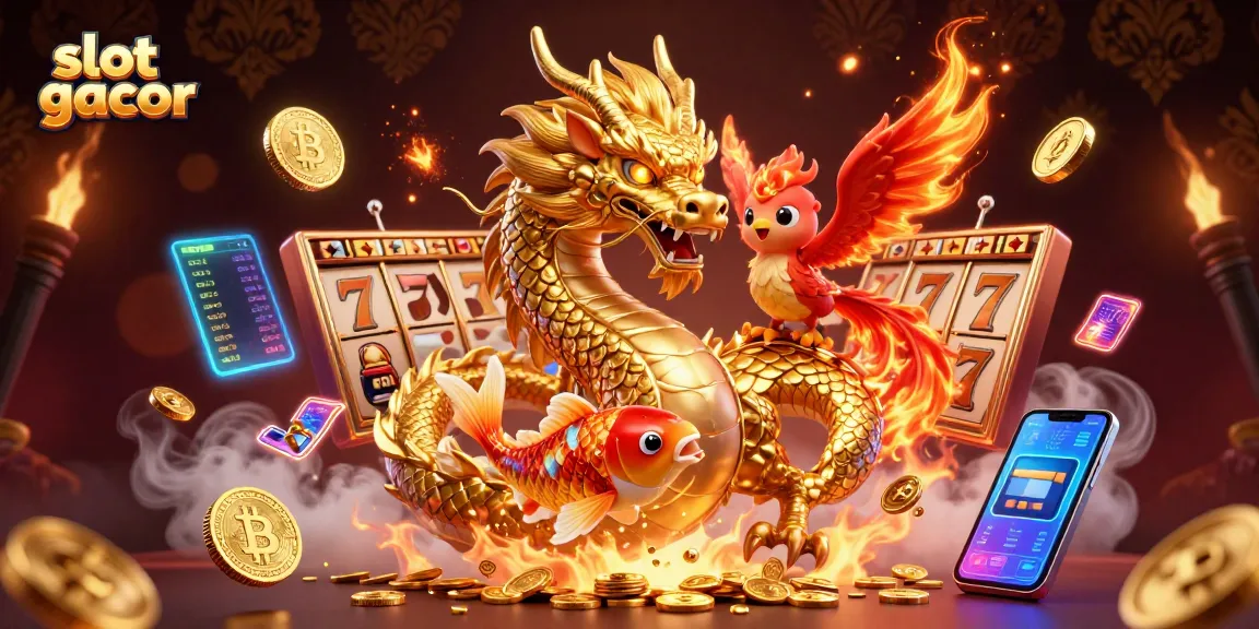 Experience slot gacor winning strategies with a vibrant illustration of a golden dragon, phoenix, and koi fish.