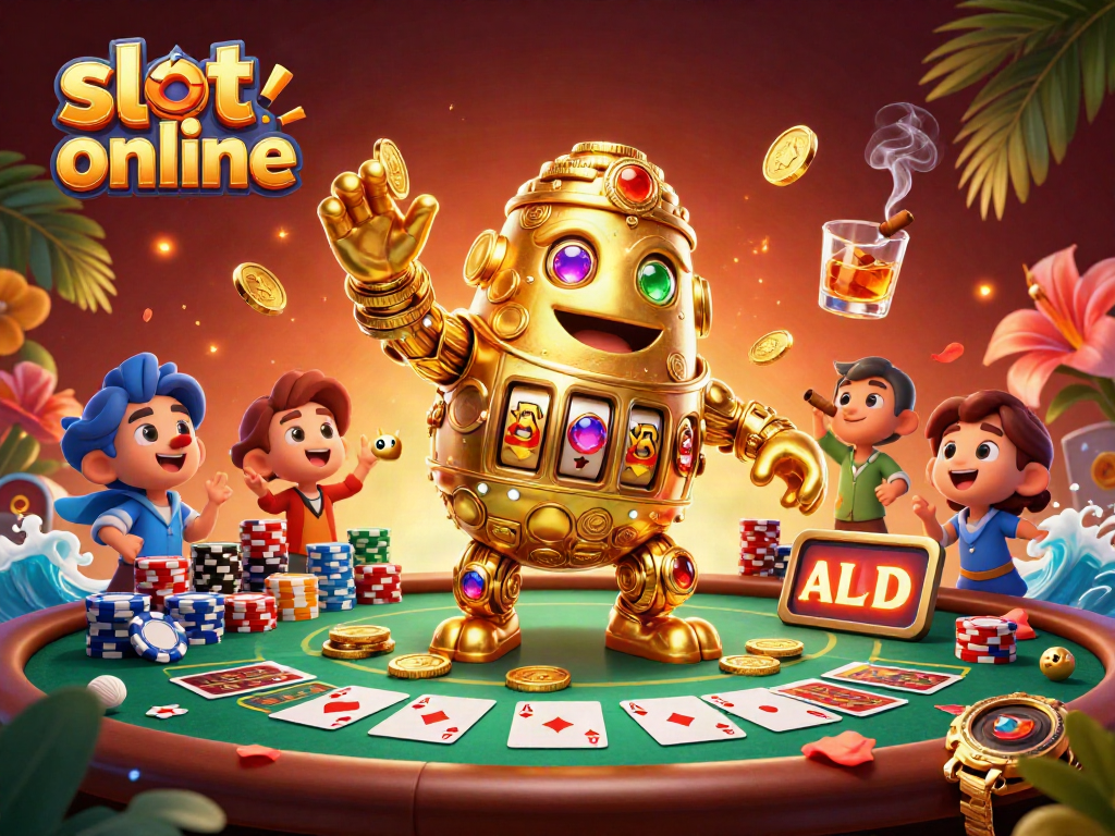Engage in thrilling slot online action with a golden golem amidst dynamic poker elements.