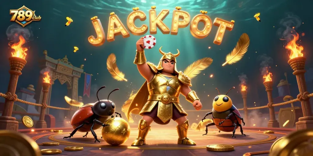 Experience the thrill of 789club with a victorious hercules beetle lifting a poker chip, surrounded by gold coins and jackpot excitement!