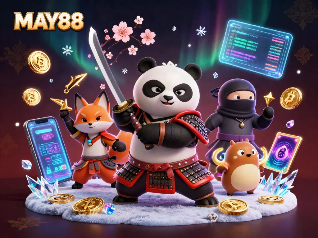 MAY88's vibrant dynamic casino scene featuring a samurai panda, ninja fox, and mystical tanuki amidst glowing cryptocurrency elements and festive cherry blossoms.