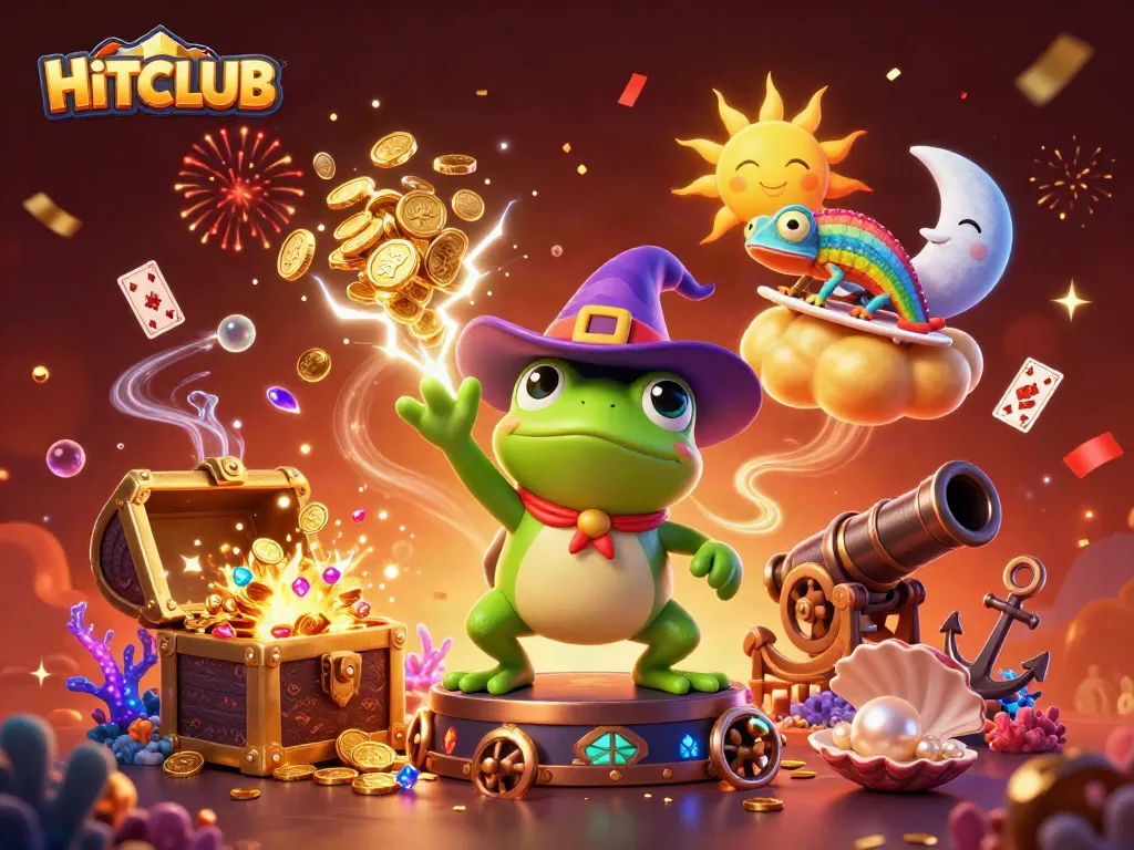 Play and win at HITCLUB while enjoying a vibrant 3D casino-themed illustration.