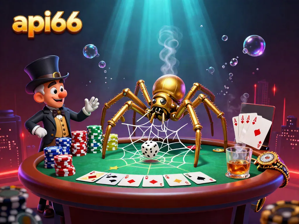 Engage with the thrilling action of api66 as a steampunk spider weaves a golden web catching dice amidst vibrant poker elements.
