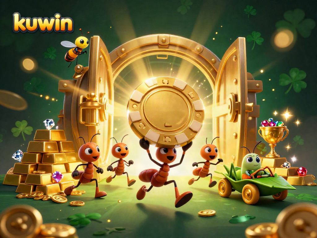 Kuwin ants execute a heist carrying a giant poker chip amid treasure in a vibrant casino scene.