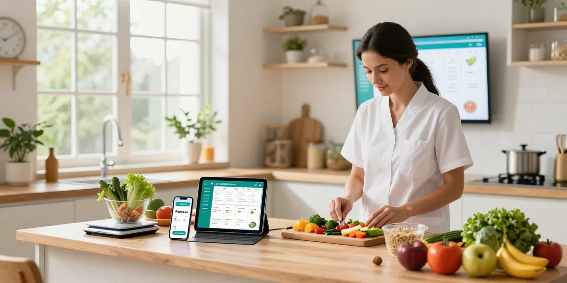 Nutritionist using the best AI calorie tracker in a modern kitchen while preparing healthy meals.