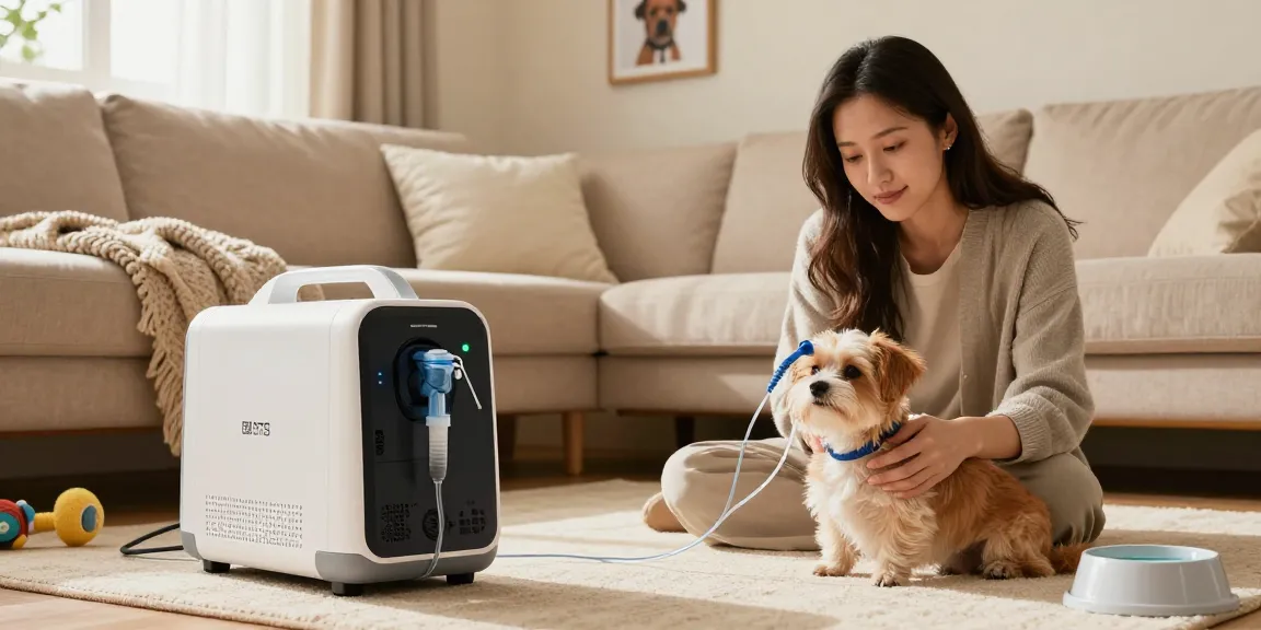 Engaging scene showcasing a pet owner using a寵物氧氣機租借收費 at home, emphasizing care and comfort for their pet.