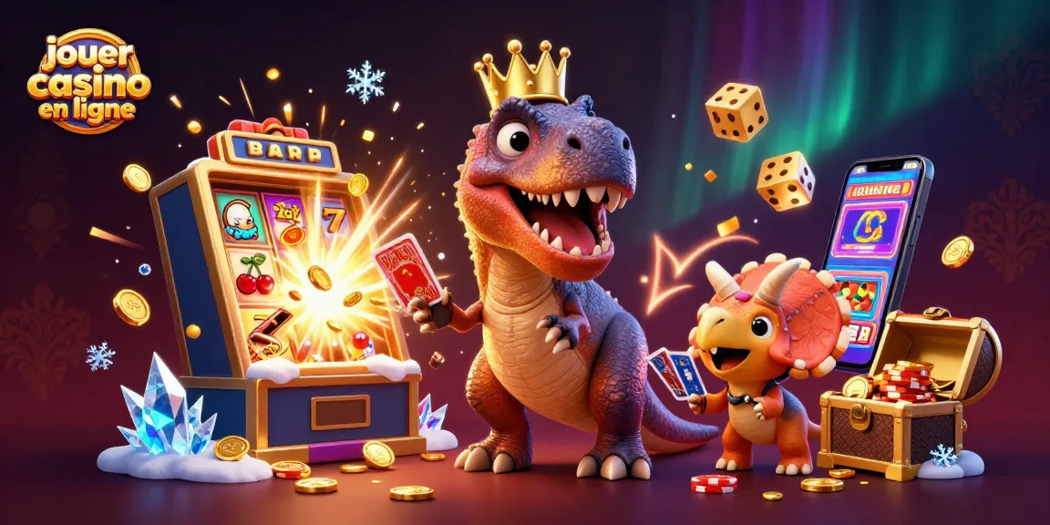 Jouer au casino en ligne avec un T-Rex et un tricératops dans une scène festive de jeux.