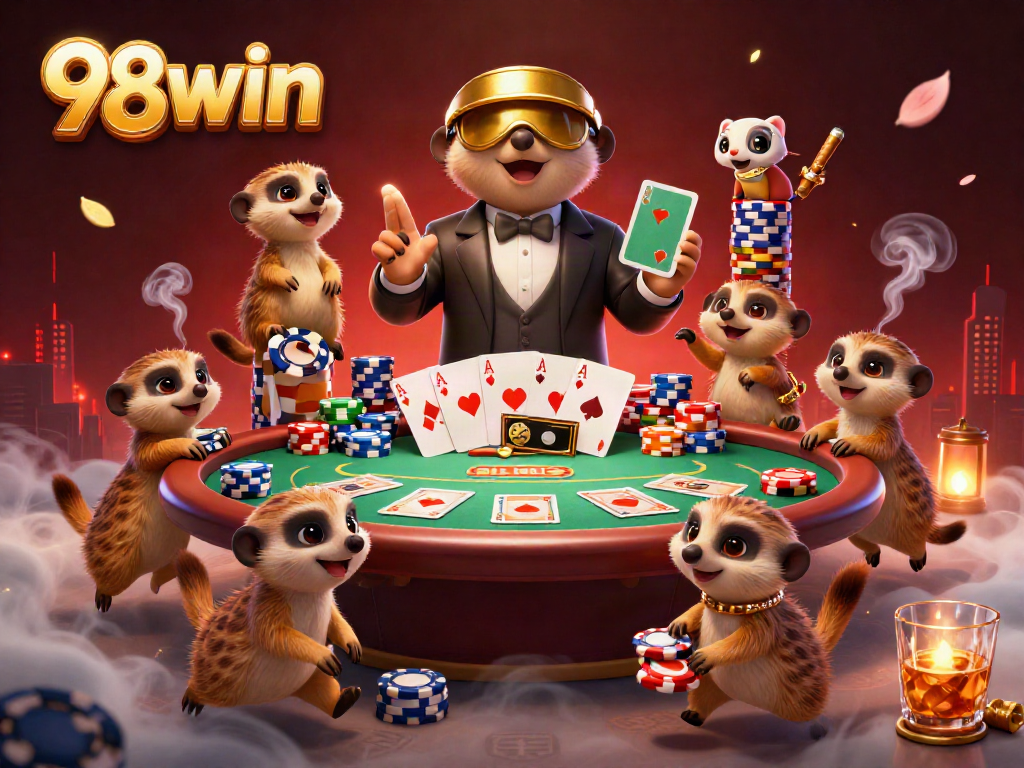 Experience vibrant gambling action with 98win's meerkats in a playful casino scene